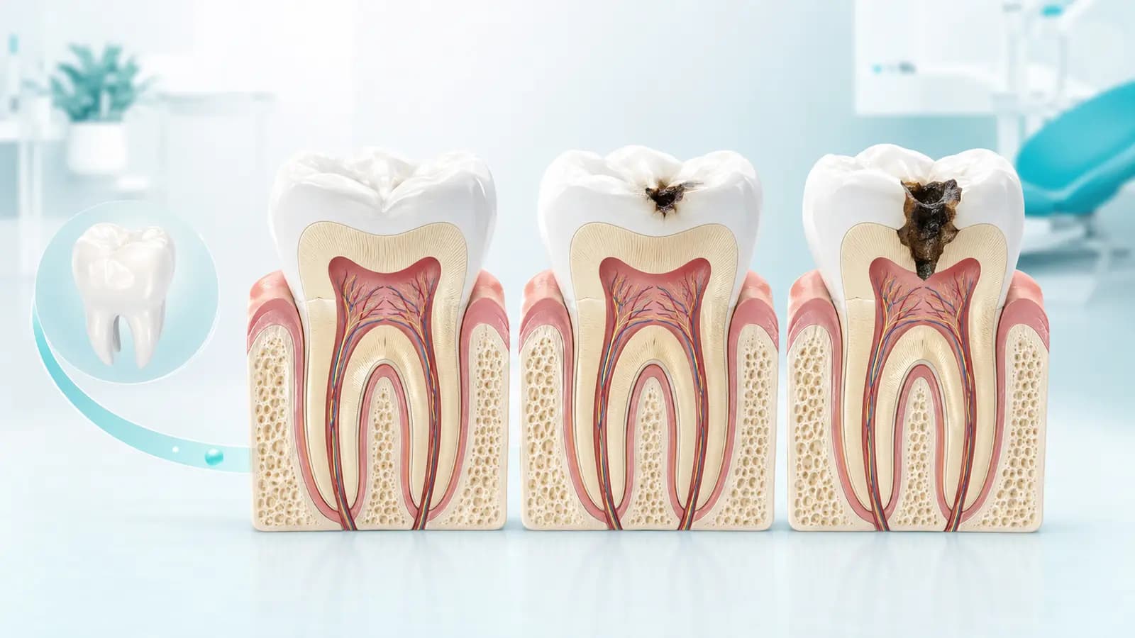 Ilustrasi tahapan kerusakan gigi berlubang dari enamel hingga pulpa